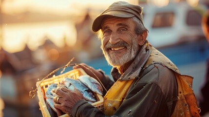 Smiling fisherman carrying fish crate