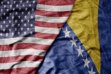 big waving colorful flag of united states of america and national flag of bosnia and herzegovina on...