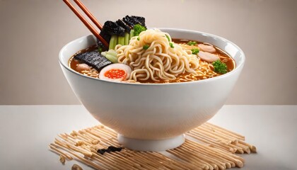 a bowl of ramen noodles with delicious toppings. Commercial food photography