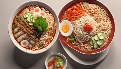 a bowl of ramen noodles with delicious toppings. Commercial food photography
