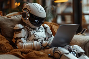AI robot uses computer notebook sitting on couch at home free space for text