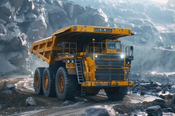 A large yellow dump truck driving down a dirt road. Suitable for construction and transportation concepts