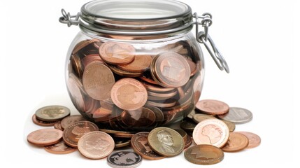 A transparent glass jar filled to the brim with numerous coins of different currencies. - Powered by Adobe