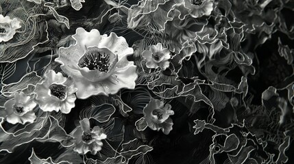 A bunch of flowers in black and white with silver accents against a blurred background