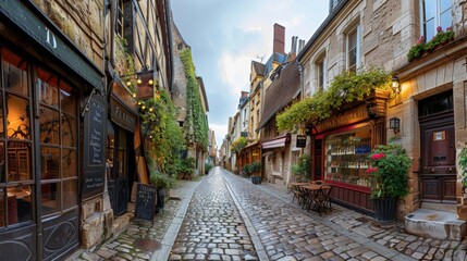 A historic cobblestone street with charming cafes and shops, panoramic perspective emphasizing its quaintness