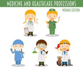 Vector Set of Medicine and Healthcare Professions in cartoon style. Women Edition.