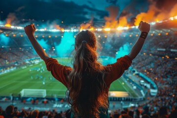 Back view of a girl with outstretched arms, immersed in the excitement of a soccer match at an...