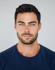 Fototapeta premium ID Photo for Passport : European adult man with straight short black hair and blue eyes, short beard, without glasses and wearing a navy t-shirt