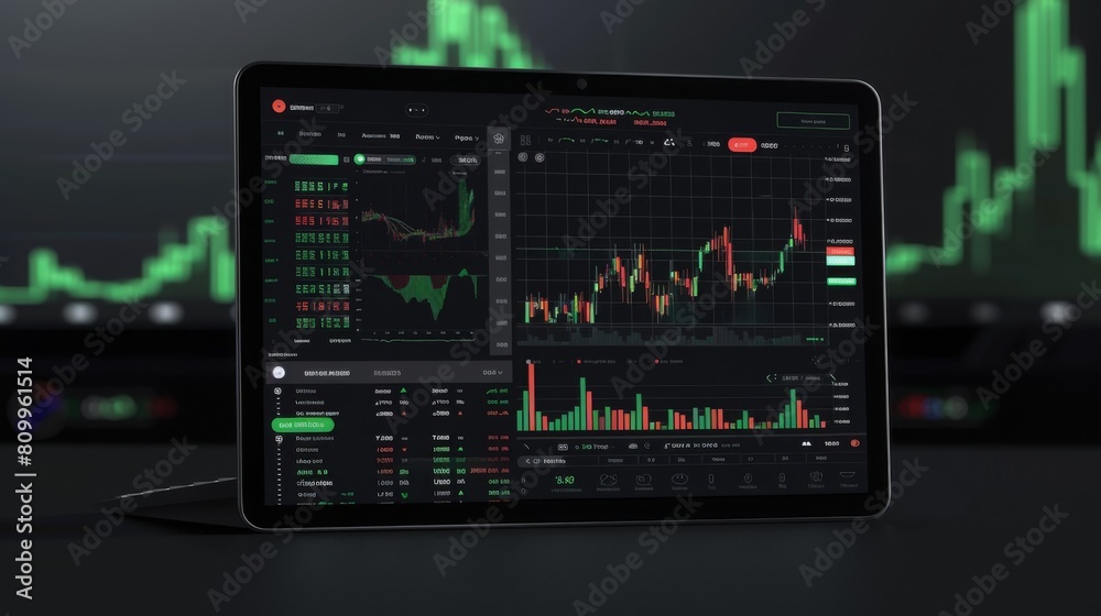 Poster A tablet propped up on a dark desk shows live stock market charts against a blurred background of additional graphs.