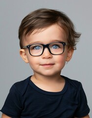 Fototapeta premium ID Photo for Passport : European baby boy with straight short black hair and blue eyes, with glasses and wearing a navy t-shirt