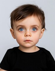 Fototapeta premium ID Photo for Passport : European baby boy with straight short black hair and blue eyes, without glasses and wearing a black t-shirt