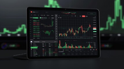 A tablet propped up on a dark desk shows live stock market charts against a blurred background of additional graphs.