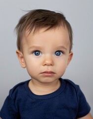 Fototapeta premium ID Photo for Passport : European baby boy with straight short black hair and blue eyes, without glasses and wearing a navy t-shirt