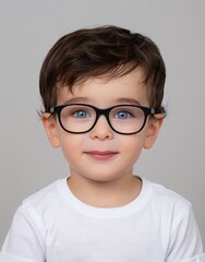 ID Photo for Passport : European baby boy with straight short black hair and blue eyes, with glasses and wearing a white t-shirt
