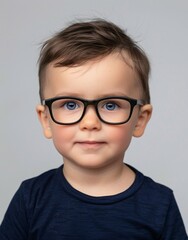 Fototapeta premium ID Photo for Passport : European baby boy with straight short black hair and blue eyes, with glasses and wearing a navy t-shirt