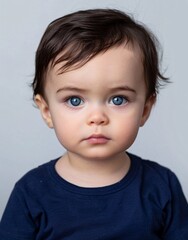 Fototapeta premium ID Photo for Passport : European baby boy with straight short black hair and blue eyes, without glasses and wearing a navy t-shirt