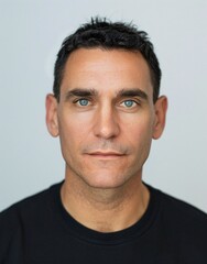 Fototapeta premium ID Photo for Passport : European adult man with straight short black hair and blue eyes, clean-shaven, without glasses and wearing a black t-shirt