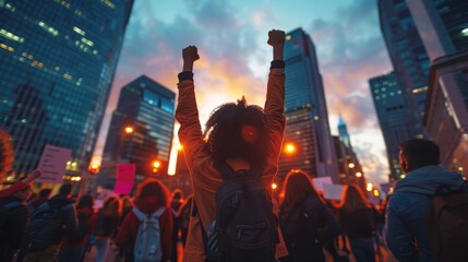 Fototapeta premium Protesting crowd of people walks down the street, shouting slogans and raising their fists in the air, back view