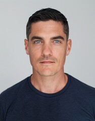 Obraz premium ID Photo for Passport : European adult man with straight short black hair and blue eyes, clean-shaven, without glasses and wearing a navy t-shirt