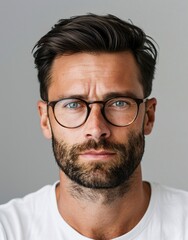 Obraz premium ID Photo for Passport : European adult man with straight short black hair and blue eyes, medium beard, with glasses and wearing a white t-shirt