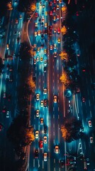 Fototapeta premium Aerial view of a traffic jam at night, a gridlock of headlights and taillights creating abstract patterns