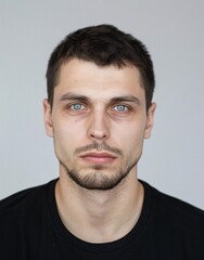 Fototapeta premium ID Photo for Passport : European adult man with straight short black hair and blue eyes, stubble, without glasses and wearing a black t-shirt