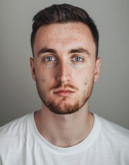 Obraz premium ID Photo for Passport : European adult man with straight short black hair and blue eyes, short beard, without glasses and wearing a white t-shirt