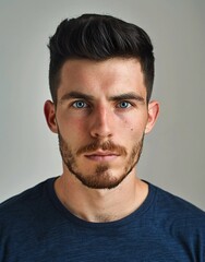 Fototapeta premium ID Photo for Passport : European adult man with straight short black hair and blue eyes, stubble, without glasses and wearing a navy t-shirt