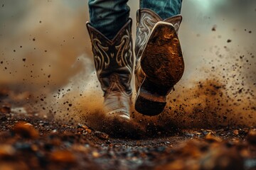 A visceral image capturing the motion of walking with detailed mud splatter from cowboy boots
