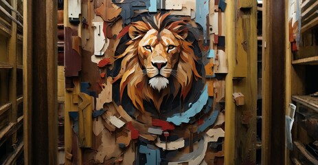 A lion head is painted on a wall