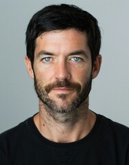 Fototapeta premium ID Photo for Passport : European adult man with straight short black hair and blue eyes, medium beard, without glasses and wearing a black t-shirt
