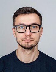 Obraz premium ID Photo for Passport : European adult man with straight short black hair and blue eyes, stubble, with glasses and wearing a navy t-shirt