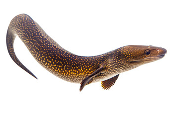 Golden Spotted Moray Eel Swimming on White Background