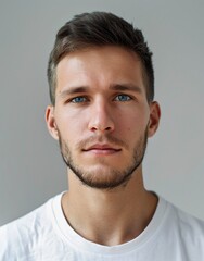Fototapeta premium ID Photo for Passport : European adult man with straight short black hair and blue eyes, medium beard, without glasses and wearing a white t-shirt