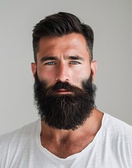 Obraz premium ID Photo for Passport : European adult man with straight short black hair and blue eyes, long beard, without glasses and wearing a white t-shirt