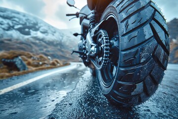 An intricately detailed view of a motorbike's wheel set against the backdrop of a rainy, winding mountain road
