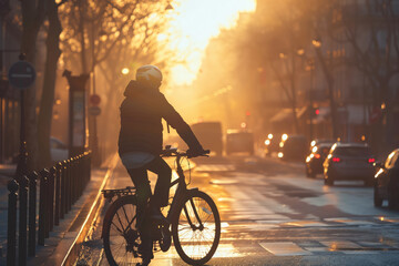 Male biker riding a bicycle at early morning on a street of Paris, France.