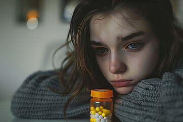 Teenager with bottle of pills. Teen girl dealing with depression, sadness, and feeling alone. Mental health and anxiety. Suicide attempt