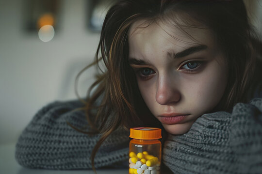 Teenager with bottle of pills. Teen girl dealing with depression, sadness, and feeling alone. Mental health and anxiety. Suicide attempt