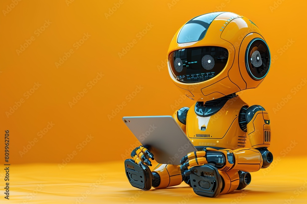 Poster mini robot with computer notebook, robot technology cyborg futuristic computer future concept ai dig