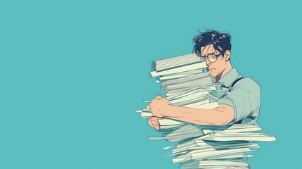 Overworked Employee Drowning in Piles of Paperwork