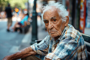 Old man suffering from extremely high temperature, heat stroke and dehydration on a street of a city. Heat waves, global warming and climate change concept.