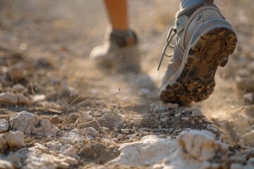 Close-up of a hikers boots, showcasing the dusty trail, cracked earth, and determined stride