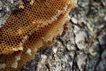 Close-up of a honeycomb in a tree, realistic textures emphasizing the intricate structure