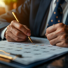 A man in a suit is writing on a calendar with a pen. Concept of organization and responsibility, as the man is likely keeping track of important dates and appointments