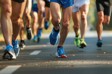 Marathon running in the light of evening,running on city road detail on legs.