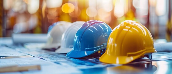 Construction business coping with regulatory changes, meeting on site with blueprints and hard hats