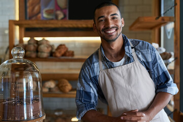 Bakery, cafe and male owner for business, portrait and smile for small scale restaurant and...