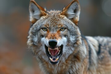 Obraz premium A highly detailed close-up capture of a grey wolf with its fangs exposed, snarling fiercely against a blurred backdrop