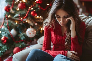 A woman sitting on a couch in front of a festive Christmas tree. Perfect for holiday season promotions